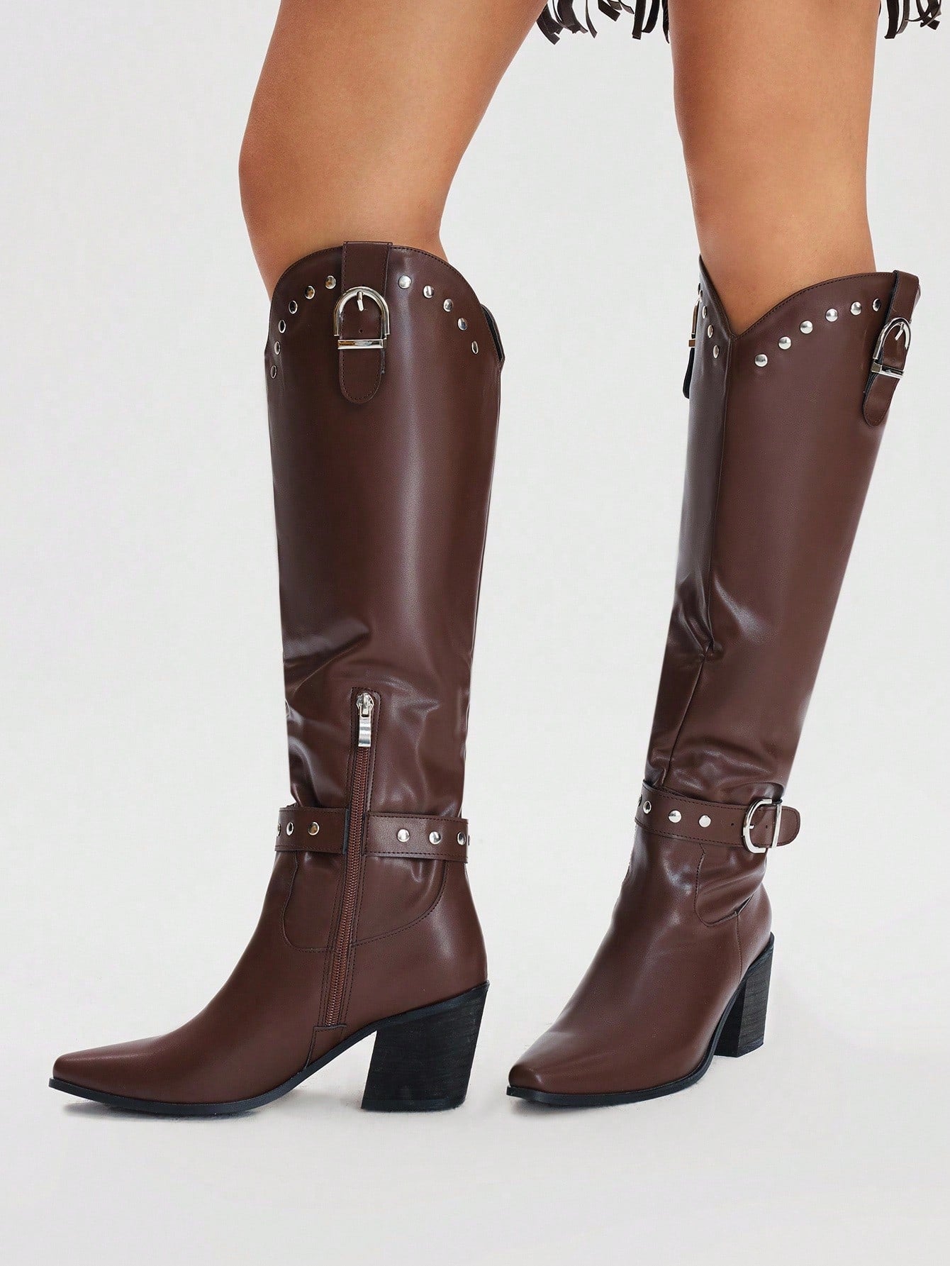 SHUZIA Botas cano alto de salto agulha de cor sólida para mulheres, outono/inverno
