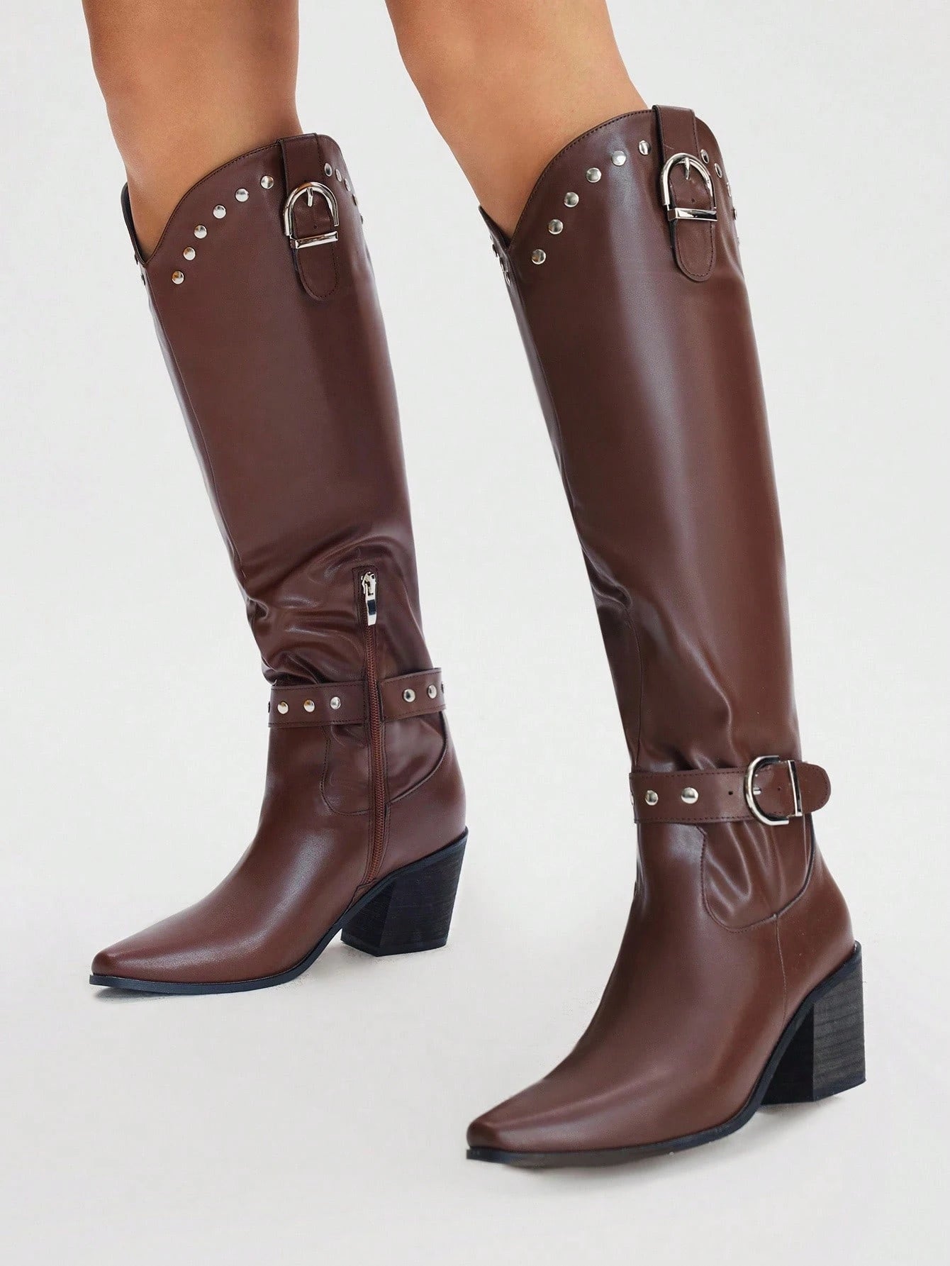 SHUZIA Botas cano alto de salto agulha de cor sólida para mulheres, outono/inverno