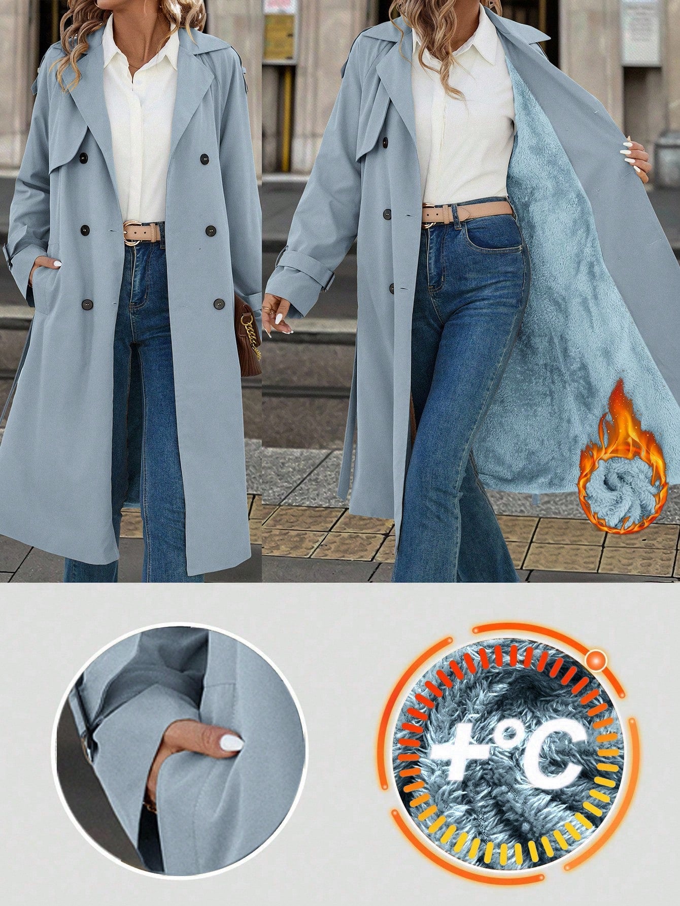 Solivie Casaco Trench de Mulher com Forro Térmico, Leve para Outono e Inverno