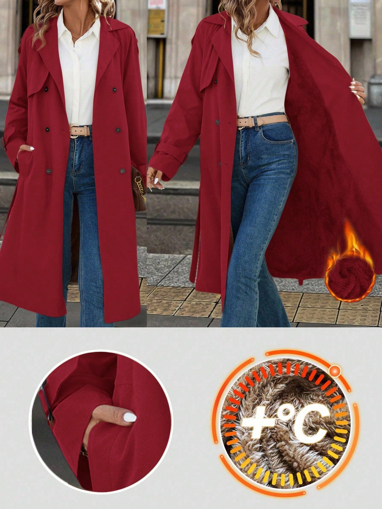 Solivie Casaco Trench de Mulher com Forro Térmico, Leve para Outono e Inverno