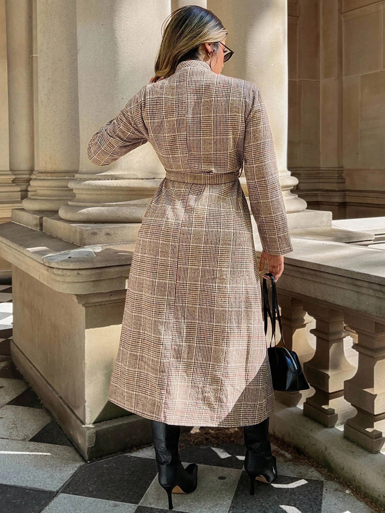 Xyvia 1 Peça Casaco Longo Feminino de Lã Xadrez com Gola Reta em Linha A, Elegante para Uso Casual e Escritório, Outono/Inverno