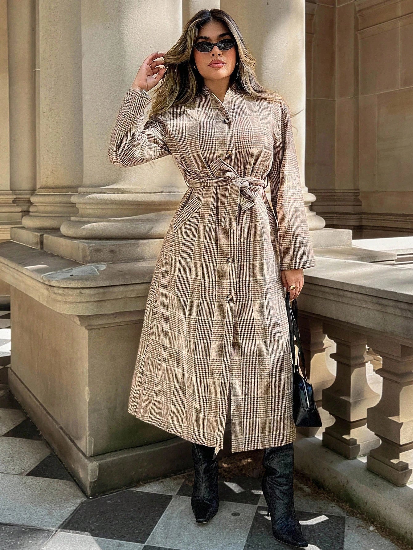 Xyvia 1 Peça Casaco Longo Feminino de Lã Xadrez com Gola Reta em Linha A, Elegante para Uso Casual e Escritório, Outono/Inverno