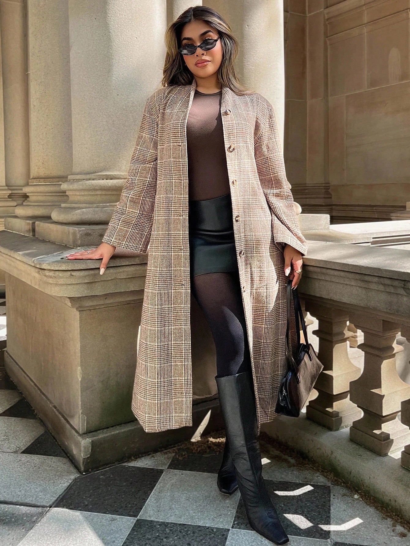Xyvia 1 Peça Casaco Longo Feminino de Lã Xadrez com Gola Reta em Linha A, Elegante para Uso Casual e Escritório, Outono/Inverno
