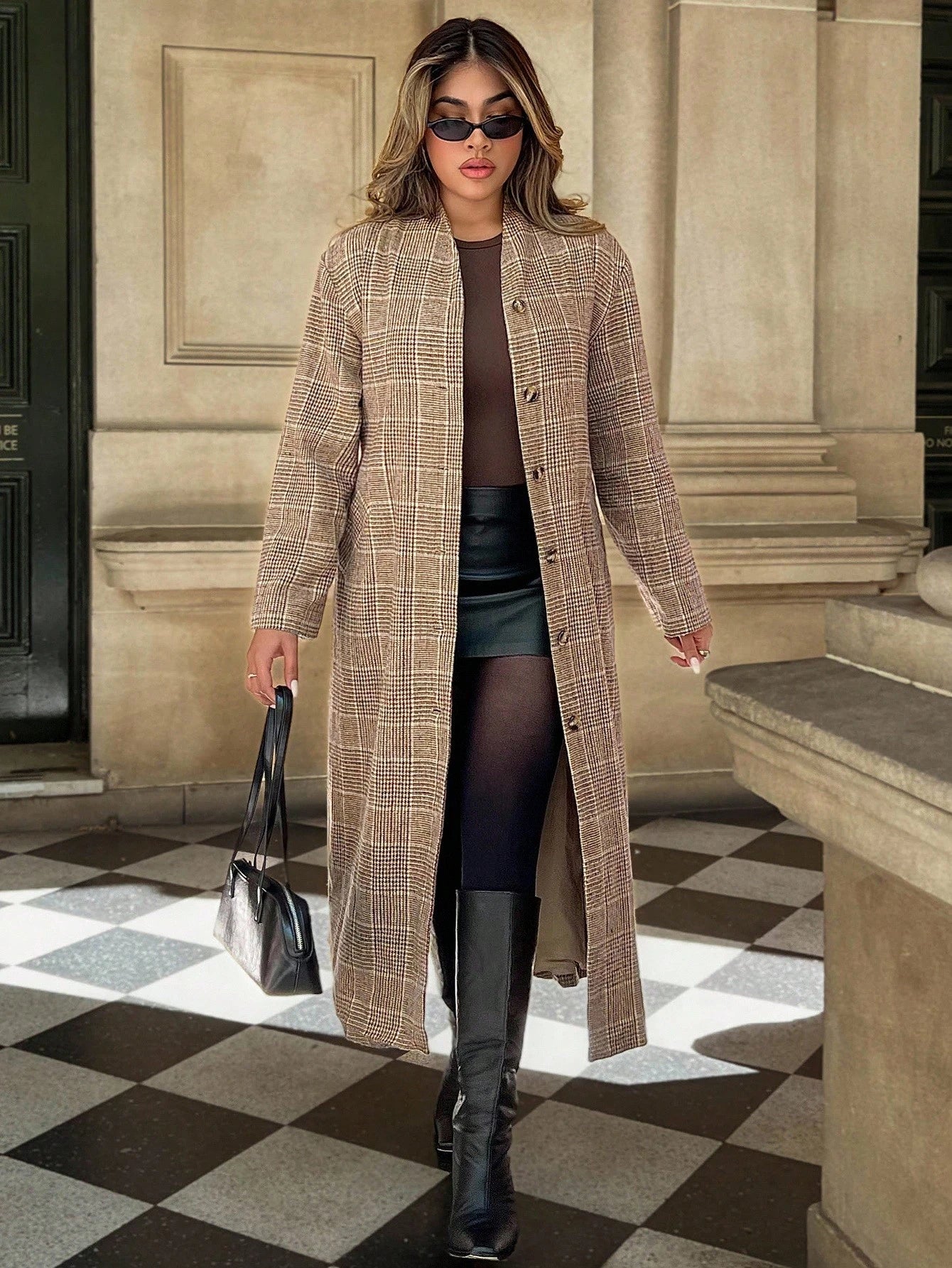 Xyvia 1 Peça Casaco Longo Feminino de Lã Xadrez com Gola Reta em Linha A, Elegante para Uso Casual e Escritório, Outono/Inverno