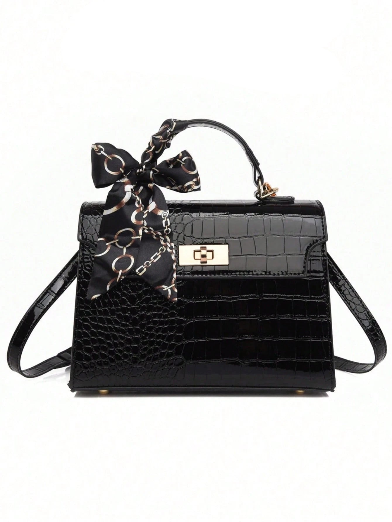 Nova Bolsa Feminina Padrão Crocodilo Brilhante, Grande Capacidade, Moda e Elegante, Acompanha Lenço Estiloso, Pode Ser Usada Como Bolsa de Ombro, Preta
