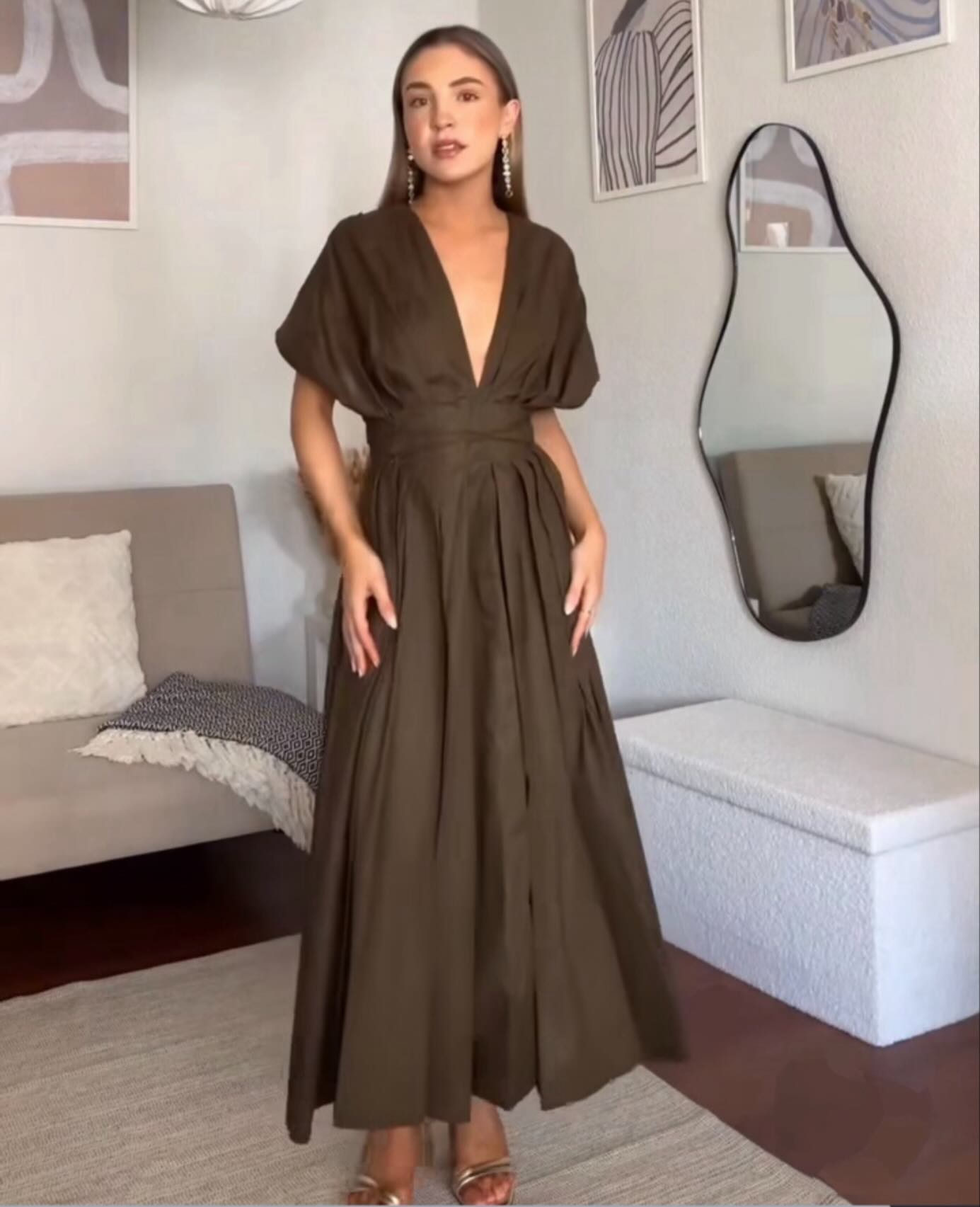 Kondala 2025 outono inverno vintage vestidos femininos moda único breasted faixas drapeado decote em v sem mangas chique marrom senhoras vestidos