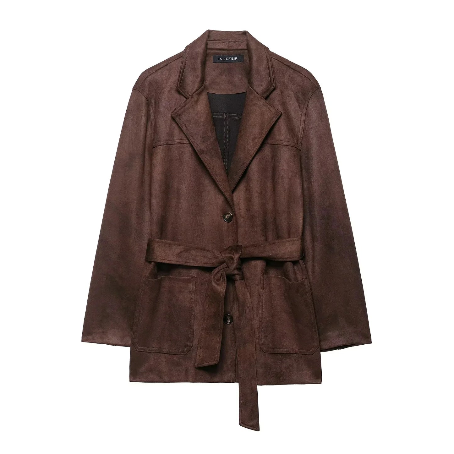 Kondala 2025 outono inverno camurça marrom faixas casacos femininos moda streetwear elegante senhoras gola aberta único breasted casacos