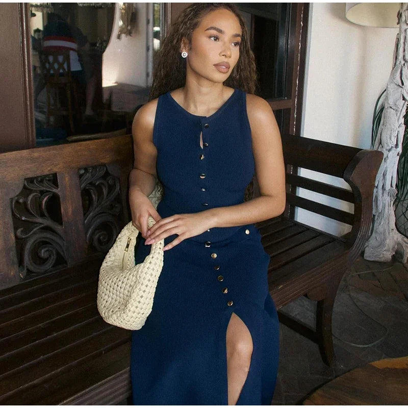 2024 verão elegante senhora de malha único breasted vestidos longos feminino sólido sem mangas o pescoço botão bodycon festa feminino vestidos