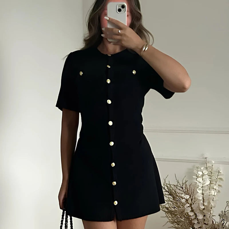 Branco elegante malha mini vestido para mulheres botão de metal sexy magro costela camisola vestido festa de férias roupas outono 2024 novo