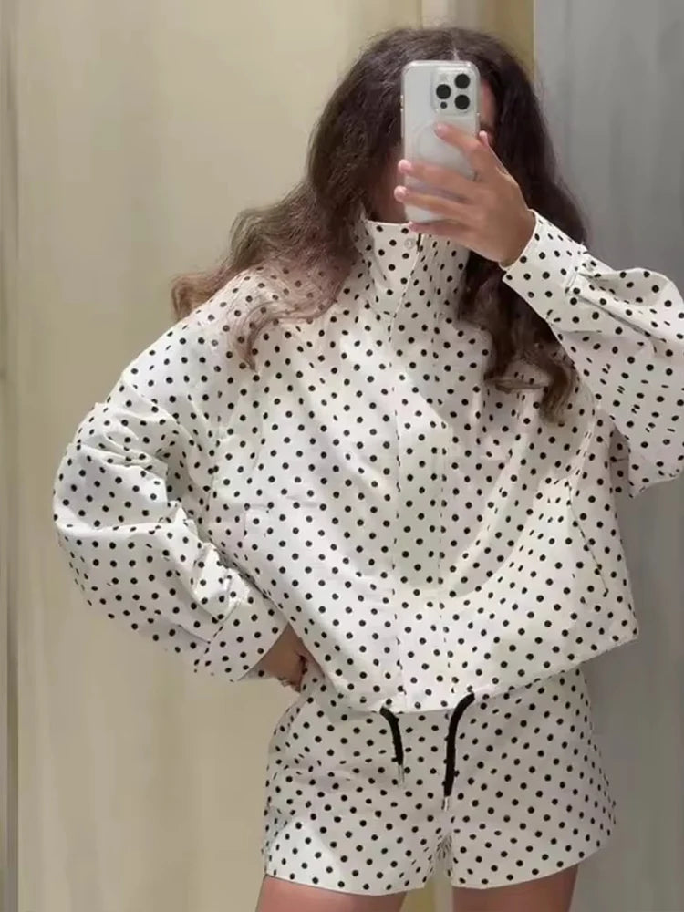 Moda polka dot shorts conjuntos para mulher 2025 outono cordão bombardeiro jaqueta cintura alta shorts 2 peças conjunto roupas femininas