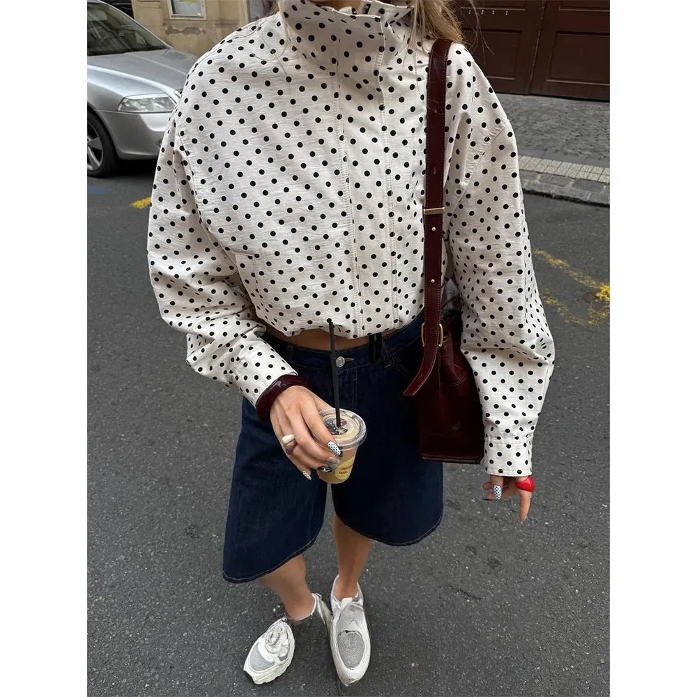 Kondala casual dot print bombardeiro jaquetas manga longa bolsos com zíper feminino outwears moda 2025 outono streetwear y2k menina jaqueta