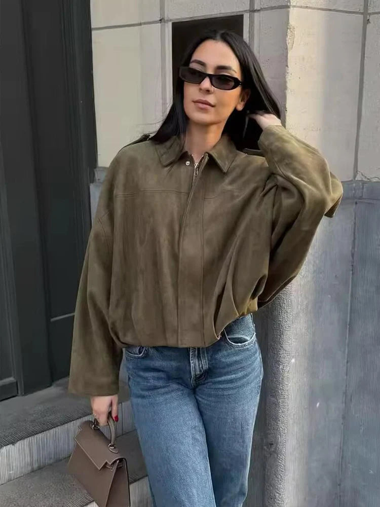 Mulheres jaqueta de camurça verde 2025 nova moda primavera manga longa zíper oversize bombardeiro casaco chique feminino high street outerwear
