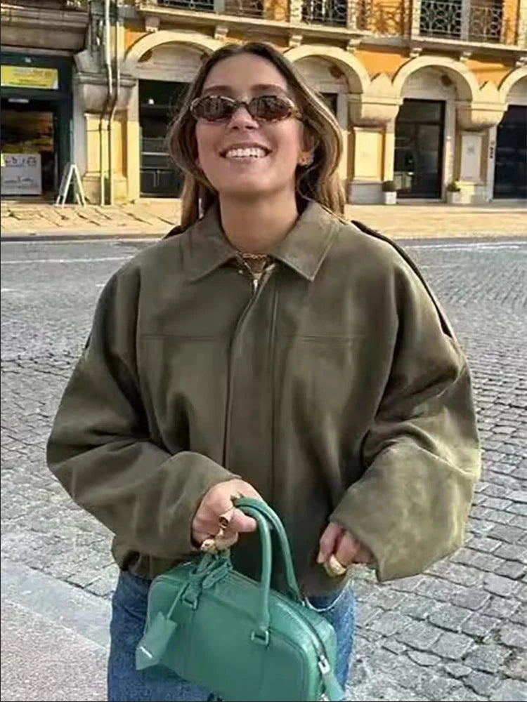 Mulheres jaqueta de camurça verde 2025 nova moda primavera manga longa zíper oversize bombardeiro casaco chique feminino high street outerwear