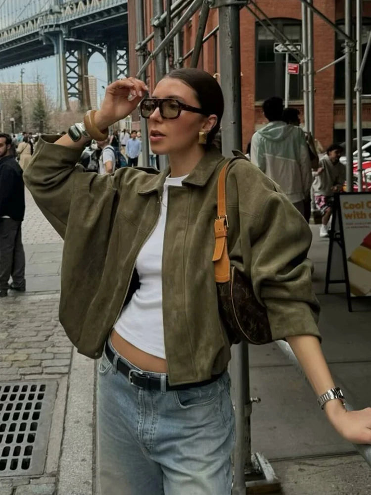 Mulheres jaqueta de camurça verde 2025 nova moda primavera manga longa zíper oversize bombardeiro casaco chique feminino high street outerwear