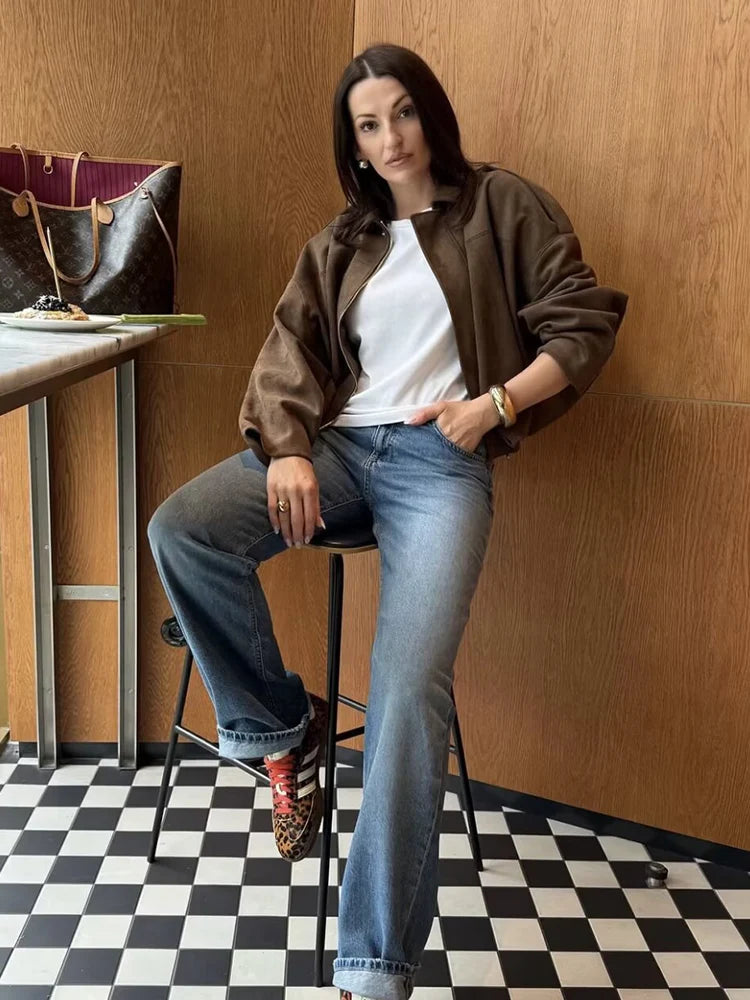 Mulheres jaqueta de camurça verde 2025 nova moda primavera manga longa zíper oversize bombardeiro casaco chique feminino high street outerwear