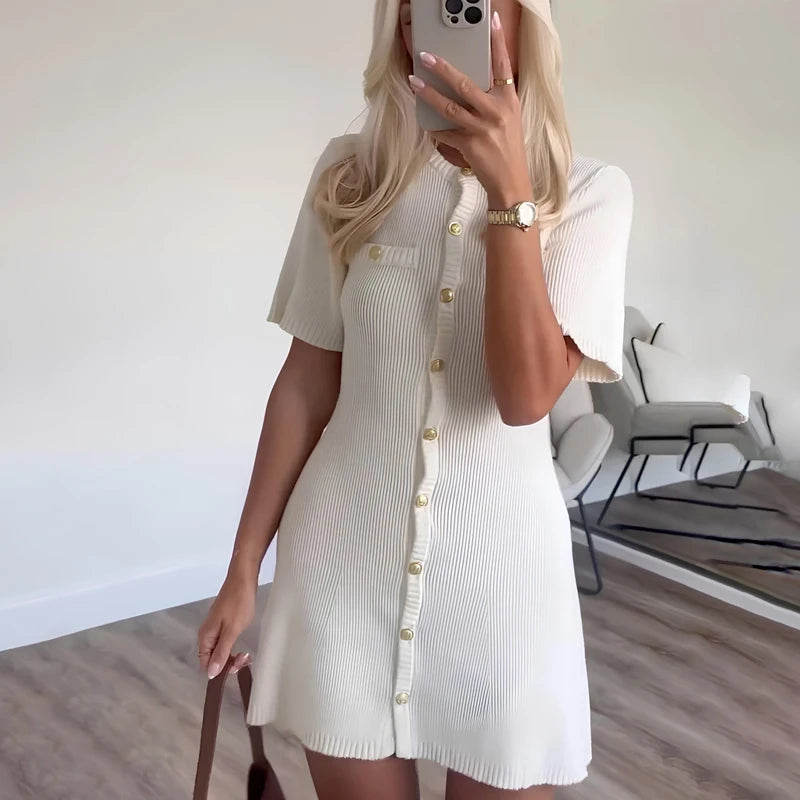 Branco elegante malha mini vestido para mulheres botão de metal sexy magro costela camisola vestido festa de férias roupas outono 2024 novo