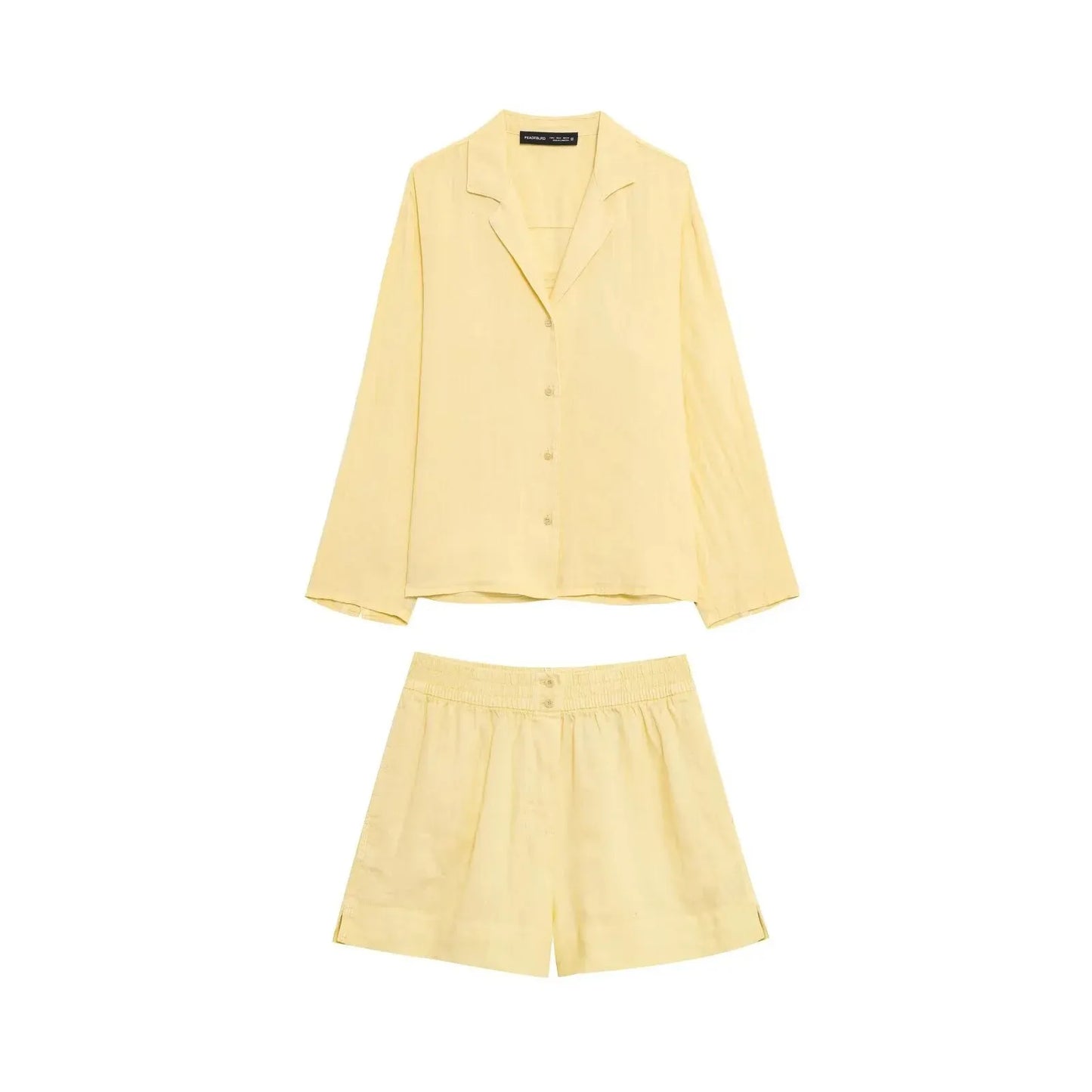 Kondala casual chique feminino terno amarelo com decote em v manga cheia único breasted blusa shorts elásticos moda 2025 primavera verão conjunto