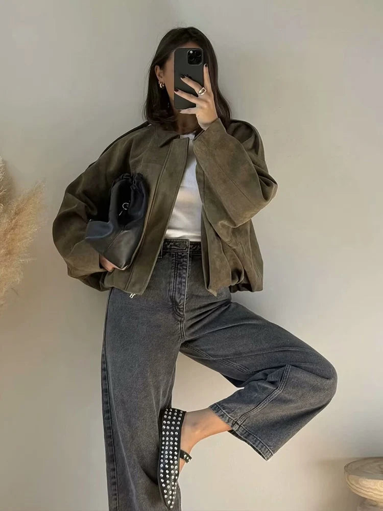 Mulheres jaqueta de camurça verde 2025 nova moda primavera manga longa zíper oversize bombardeiro casaco chique feminino high street outerwear