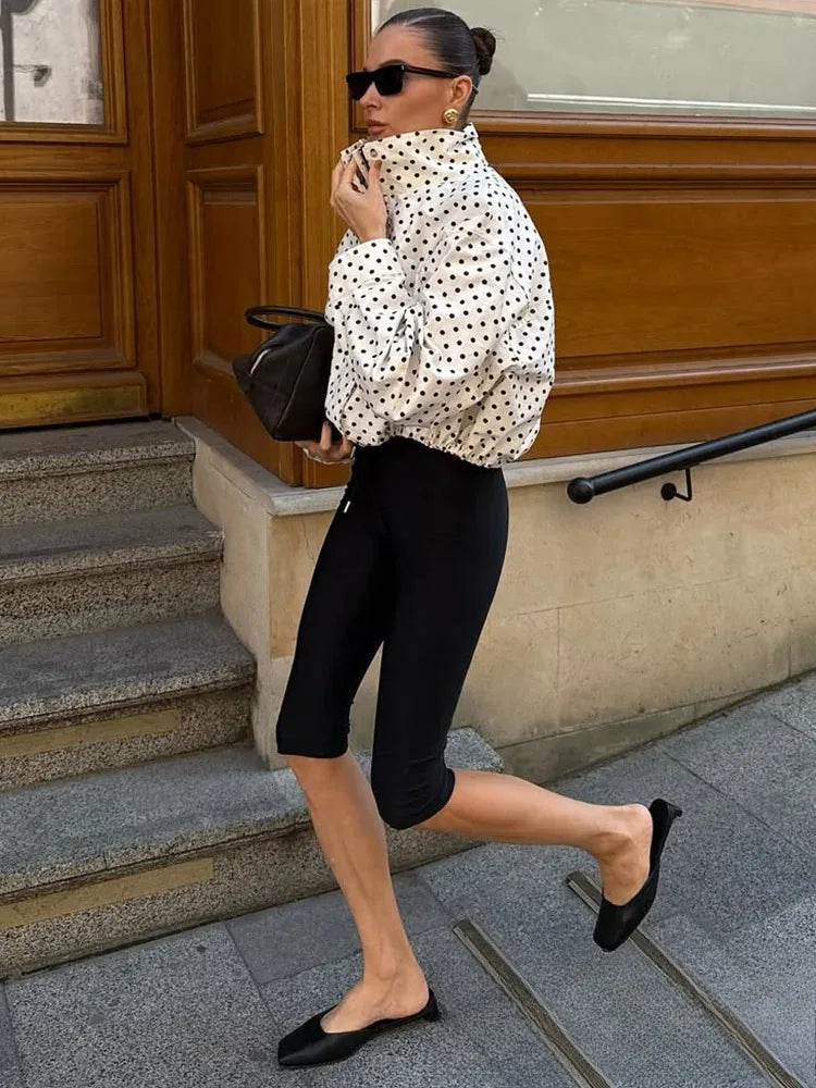 Kondala casual dot print bombardeiro jaquetas manga longa bolsos com zíper feminino outwears moda 2025 outono streetwear y2k menina jaqueta