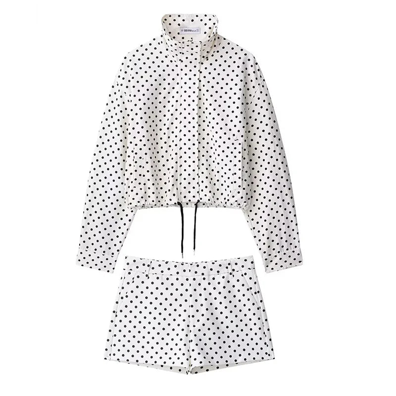 Moda polka dot shorts conjuntos para mulher 2025 outono cordão bombardeiro jaqueta cintura alta shorts 2 peças conjunto roupas femininas
