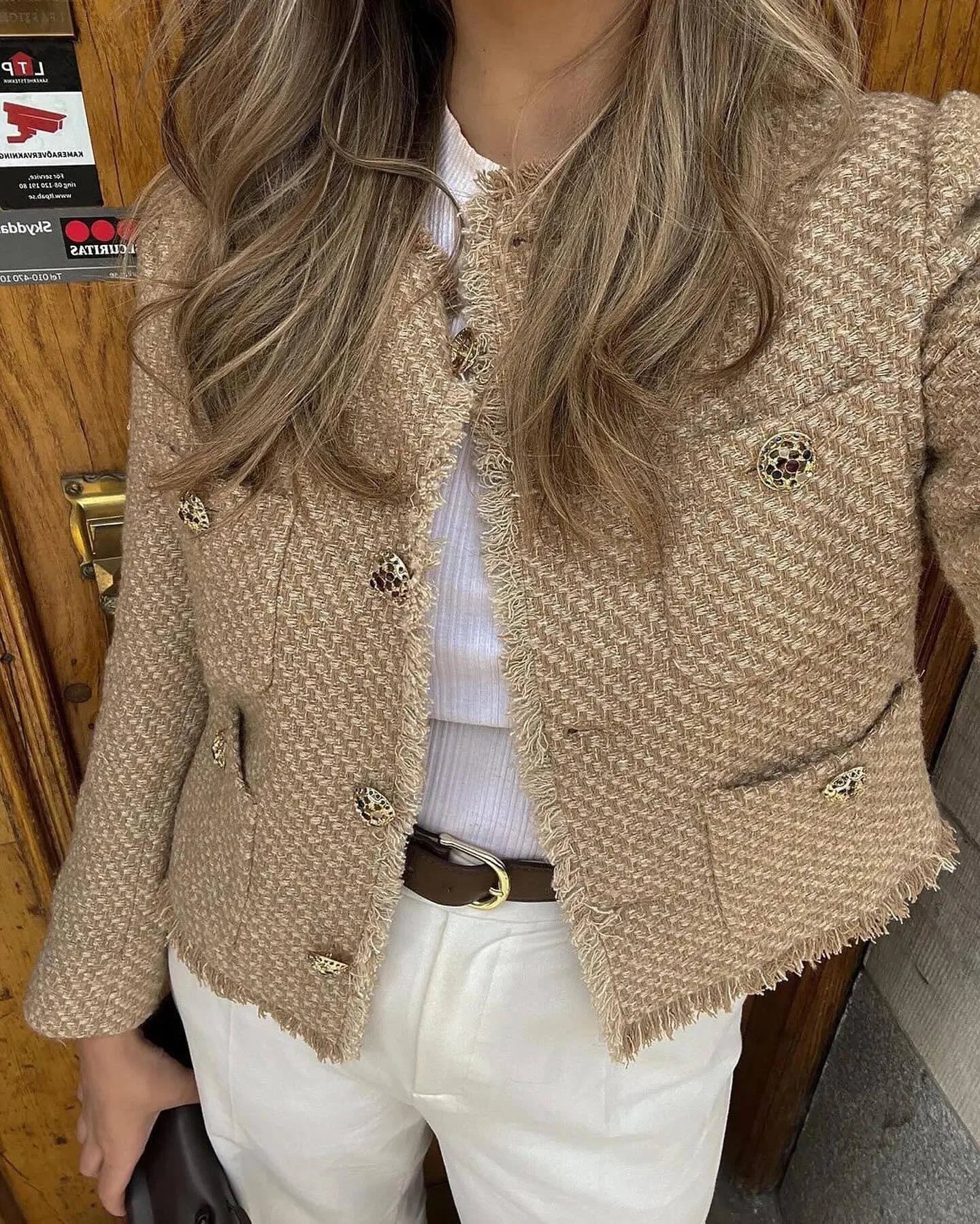 Chique feminino tweed jaqueta básica casaco roupas femininas de lã outerwear manga longa botão frontal feminino outerwear chiques topos