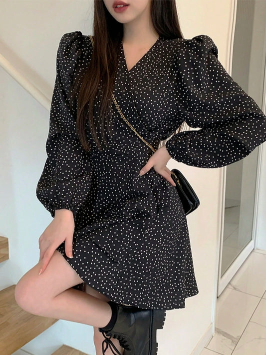 DAZY Vestido Feminino de Manga Bufante com Decote em V, Vestido Longo de Manga Comprida para o Outono