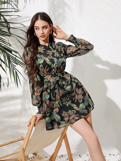Aveloria Rosie Vestido com Estampa Completa e Manga Farol para Mulheres, Looks de Férias