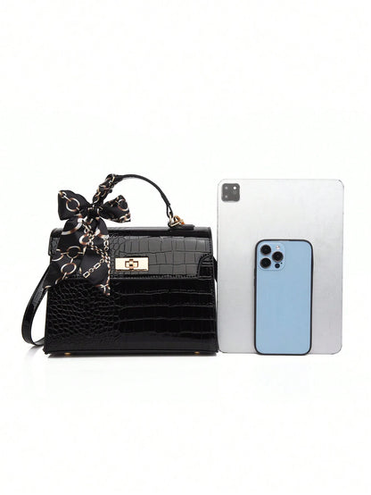 Nova Bolsa Feminina Padrão Crocodilo Brilhante, Grande Capacidade, Moda e Elegante, Acompanha Lenço Estiloso, Pode Ser Usada Como Bolsa de Ombro, Preta