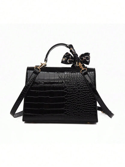 Nova Bolsa Feminina Padrão Crocodilo Brilhante, Grande Capacidade, Moda e Elegante, Acompanha Lenço Estiloso, Pode Ser Usada Como Bolsa de Ombro, Preta