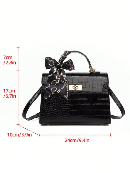 Nova Bolsa Feminina Padrão Crocodilo Brilhante, Grande Capacidade, Moda e Elegante, Acompanha Lenço Estiloso, Pode Ser Usada Como Bolsa de Ombro, Preta