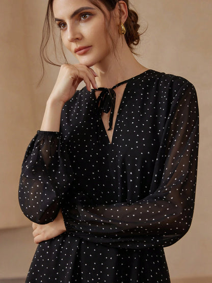 Aveloria Modichic Vestido Elegante com Mangas Longas, Cinto, Gola de Laço e Estampa de Bolinhas Transparente de Chiffon para Mulheres