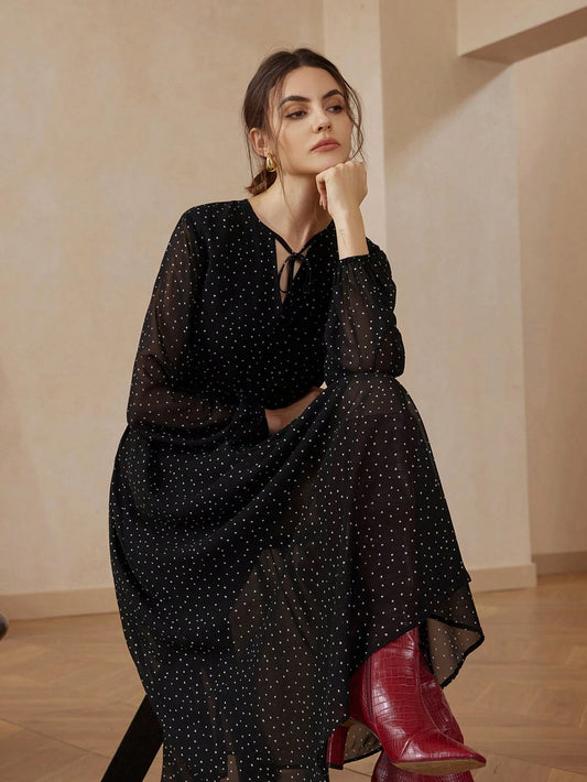 Aveloria Modichic Vestido Elegante com Mangas Longas, Cinto, Gola de Laço e Estampa de Bolinhas Transparente de Chiffon para Mulheres