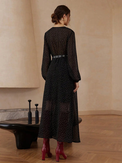 Aveloria Modichic Vestido Elegante com Mangas Longas, Cinto, Gola de Laço e Estampa de Bolinhas Transparente de Chiffon para Mulheres