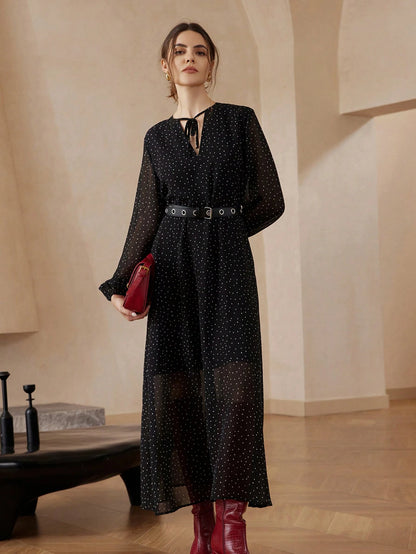Aveloria Modichic Vestido Elegante com Mangas Longas, Cinto, Gola de Laço e Estampa de Bolinhas Transparente de Chiffon para Mulheres