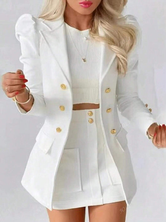 Conjunto de Terno com Blazer de Gola Lapela e Saia de Peito Duplo para Uso Diário das Senhoras