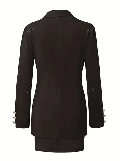 Conjunto de Terno com Blazer de Gola Lapela e Saia de Peito Duplo para Uso Diário das Senhoras