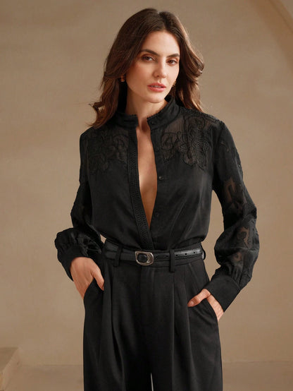 Anewsta Camisa de Manga Longa Feminina com Recorte de Renda Francesa Elegante