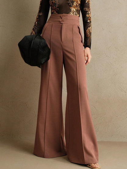 Anewsta Calças Elegantes de Cintura Alta e Flare para Mulher com Abotoamento Duplo, Adequado para Outfit de Ano Novo