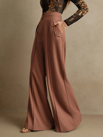 Anewsta Calças Elegantes de Cintura Alta e Flare para Mulher com Abotoamento Duplo, Adequado para Outfit de Ano Novo