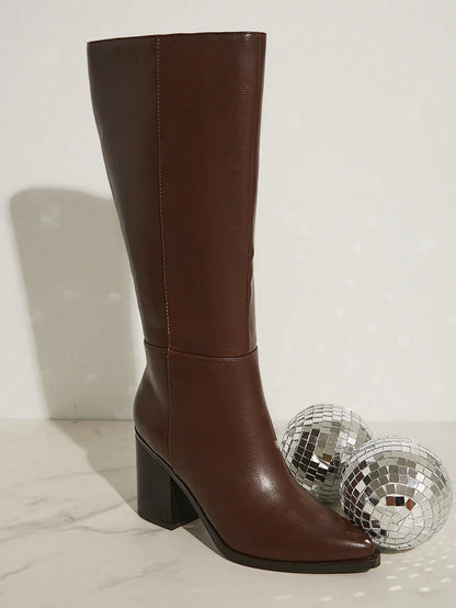 SHUZIA Botas cano alto de salto agulha de cor sólida para mulheres, outono/inverno