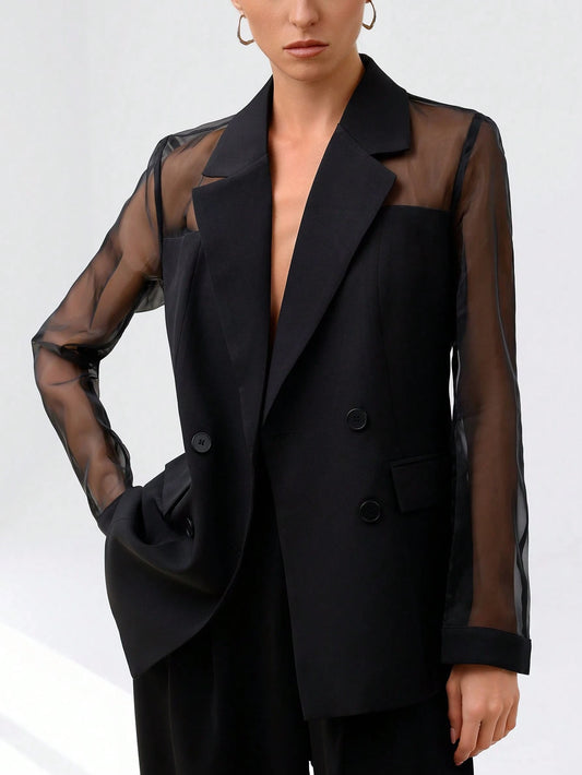 Aveloria Modichic Blazer Dupla-Amarração Respirável de Tecido Splice de Organza para Negócios e Transporte Versátil e Elegante de Alta Classe para Mulheres