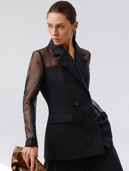 Aveloria Modichic Blazer Dupla-Amarração Respirável de Tecido Splice de Organza para Negócios e Transporte Versátil e Elegante de Alta Classe para Mulheres