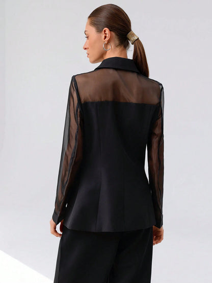 Aveloria Modichic Blazer Dupla-Amarração Respirável de Tecido Splice de Organza para Negócios e Transporte Versátil e Elegante de Alta Classe para Mulheres