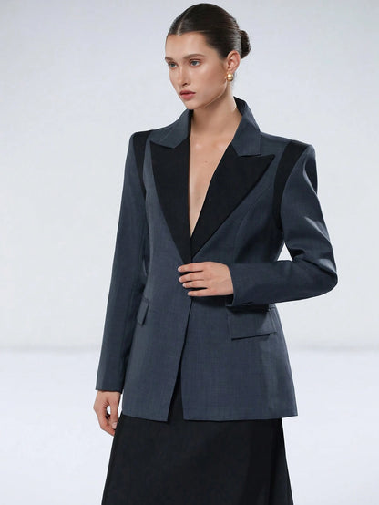 Aveloria Modichic Jaqueta de Terno Feminino Casual de Escritório em Estilo Clássico Azul e Preto, Design Chique com Lapela, Decote em V, Ajuste na Cintura, Slim, Ombreiras, Fechamento com Botão Único, Manga Longa