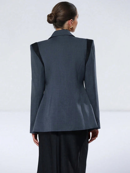 Aveloria Modichic Jaqueta de Terno Feminino Casual de Escritório em Estilo Clássico Azul e Preto, Design Chique com Lapela, Decote em V, Ajuste na Cintura, Slim, Ombreiras, Fechamento com Botão Único, Manga Longa