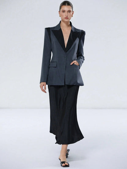Aveloria Modichic Jaqueta de Terno Feminino Casual de Escritório em Estilo Clássico Azul e Preto, Design Chique com Lapela, Decote em V, Ajuste na Cintura, Slim, Ombreiras, Fechamento com Botão Único, Manga Longa