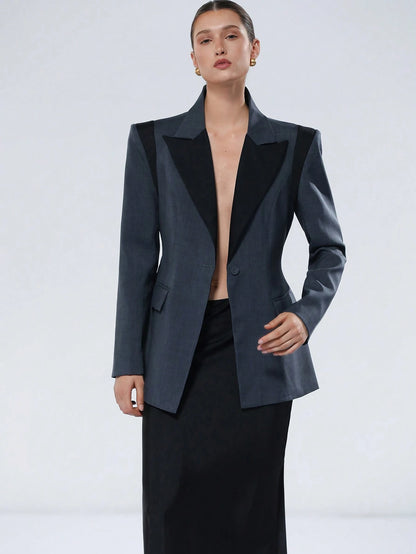 Aveloria Modichic Jaqueta de Terno Feminino Casual de Escritório em Estilo Clássico Azul e Preto, Design Chique com Lapela, Decote em V, Ajuste na Cintura, Slim, Ombreiras, Fechamento com Botão Único, Manga Longa
