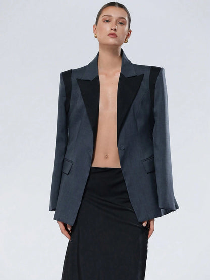 Aveloria Modichic Jaqueta de Terno Feminino Casual de Escritório em Estilo Clássico Azul e Preto, Design Chique com Lapela, Decote em V, Ajuste na Cintura, Slim, Ombreiras, Fechamento com Botão Único, Manga Longa