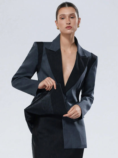 Aveloria Modichic Jaqueta de Terno Feminino Casual de Escritório em Estilo Clássico Azul e Preto, Design Chique com Lapela, Decote em V, Ajuste na Cintura, Slim, Ombreiras, Fechamento com Botão Único, Manga Longa