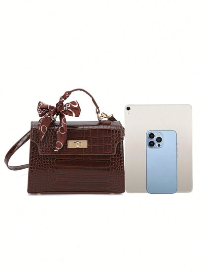 Nova Bolsa Feminina Padrão Crocodilo Brilhante, Grande Capacidade, Moda e Elegante, Acompanha Lenço Estiloso, Pode Ser Usada Como Bolsa de Ombro, Preta